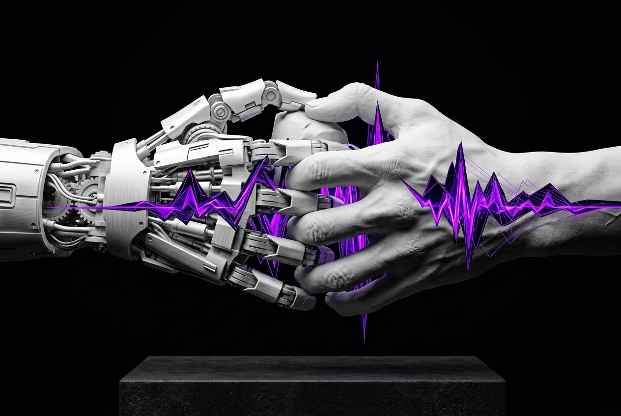 Matte White Hands with glowing electric purple sound frequency wave